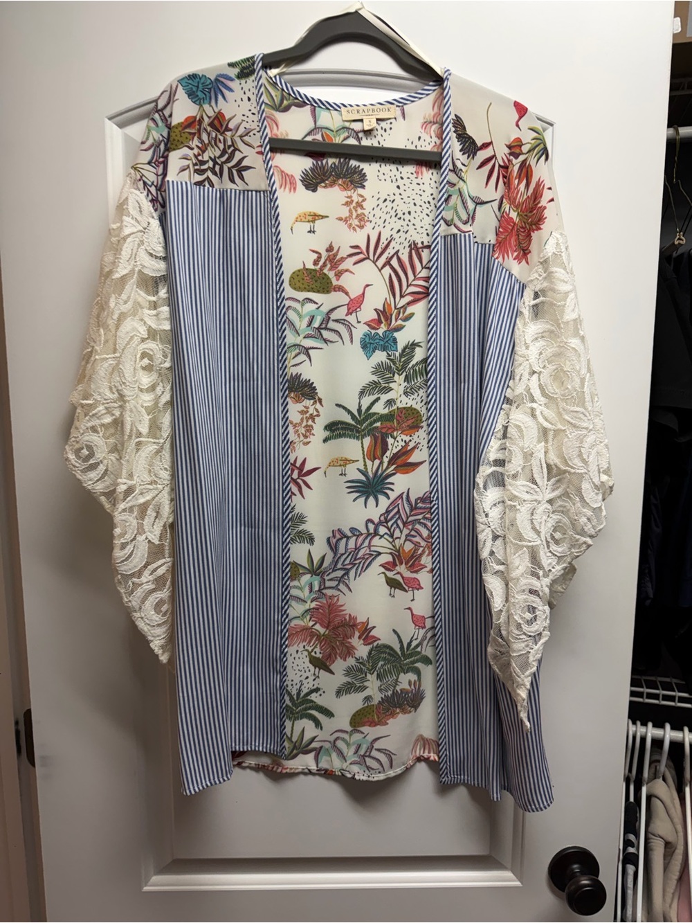 Scrapbook Floral & Stripe Kimono with Lace Sleeves - White Multi